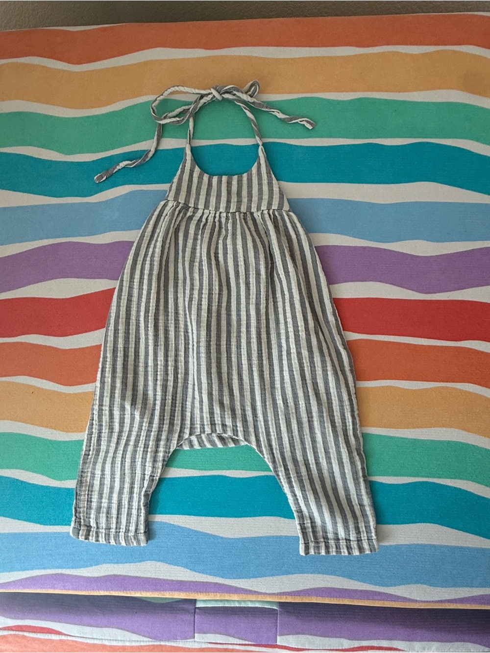 Rylee + Cru Gray and White Striped Halter Romper